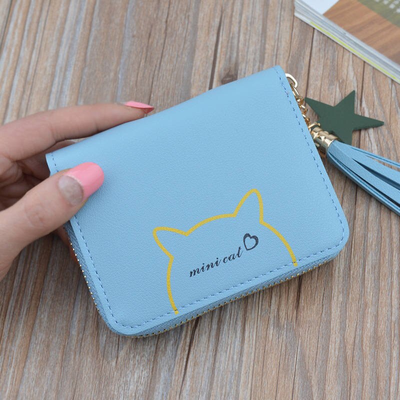 Cat Pattern Tassel Ladies Purses Coin Bag Card Holder, Small Wallets Star Pendant Slim Wallet Women Girls Female: Blue