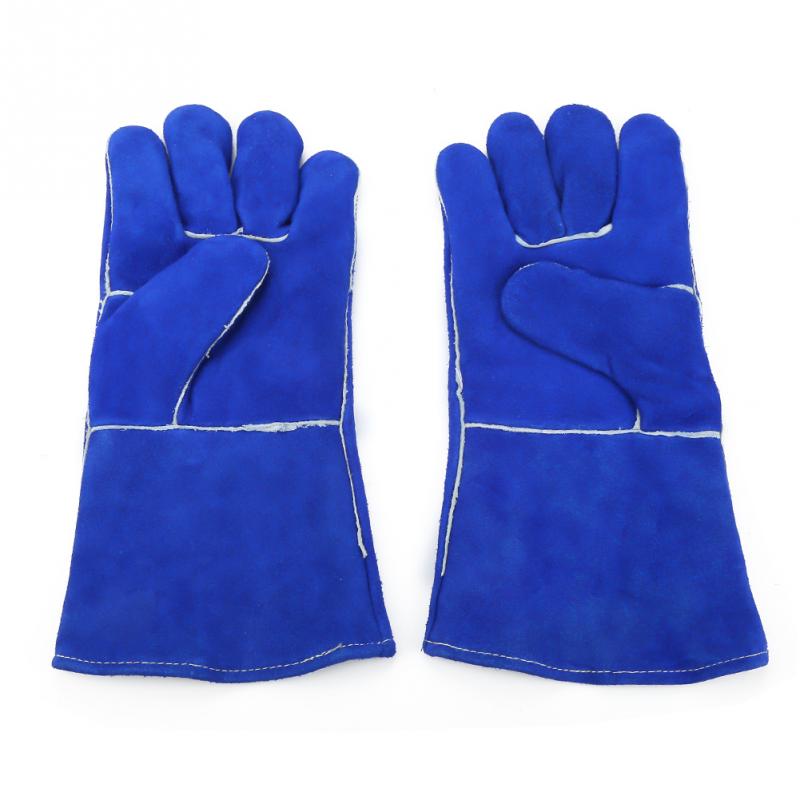 1 paar Blauw leer Verlengd Lassen Handschoenen Hittebestendige voor Bakken/Koken/BBQ