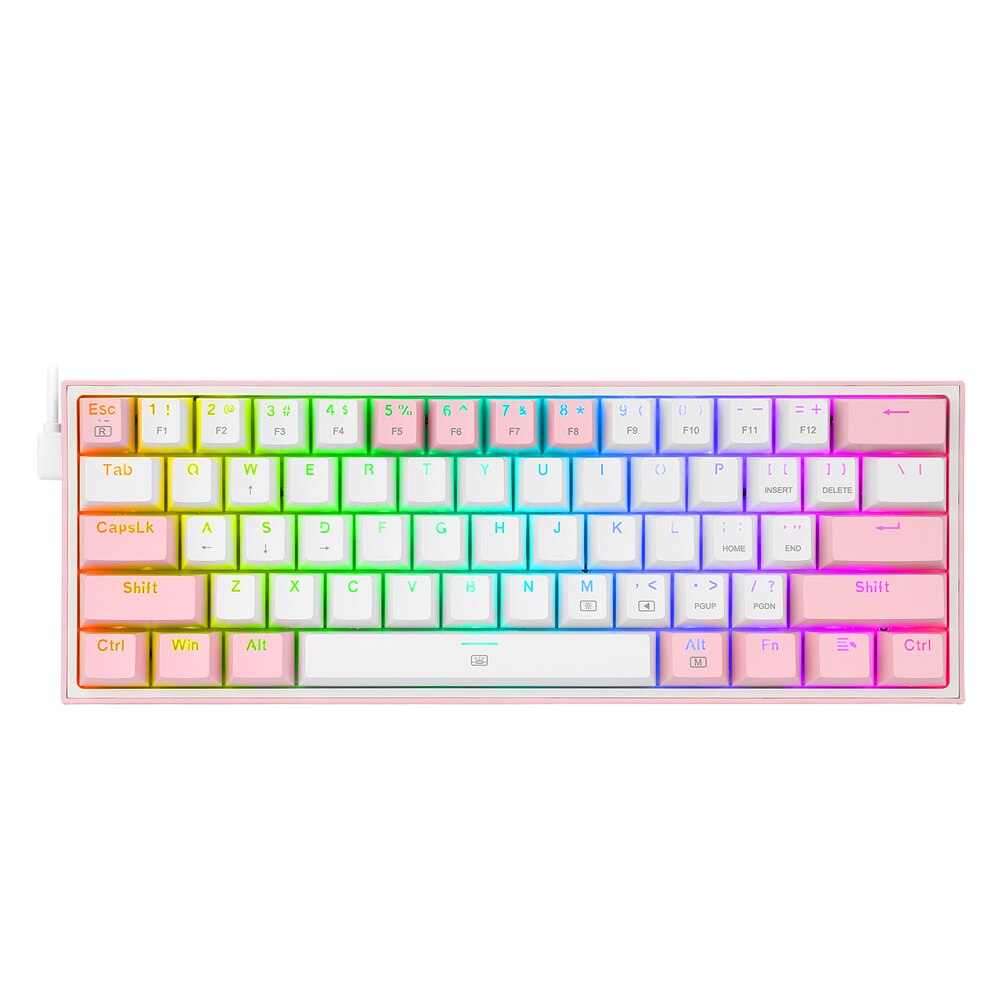 Redragon Fizz K617 Rgb Usb Mini Mechanische Gaming Toetsenbord Rood Schakelaar 61 Toetsen Bedrade Afneembare Kabel, Draagbare Voor Reizen: K617RGB-WP