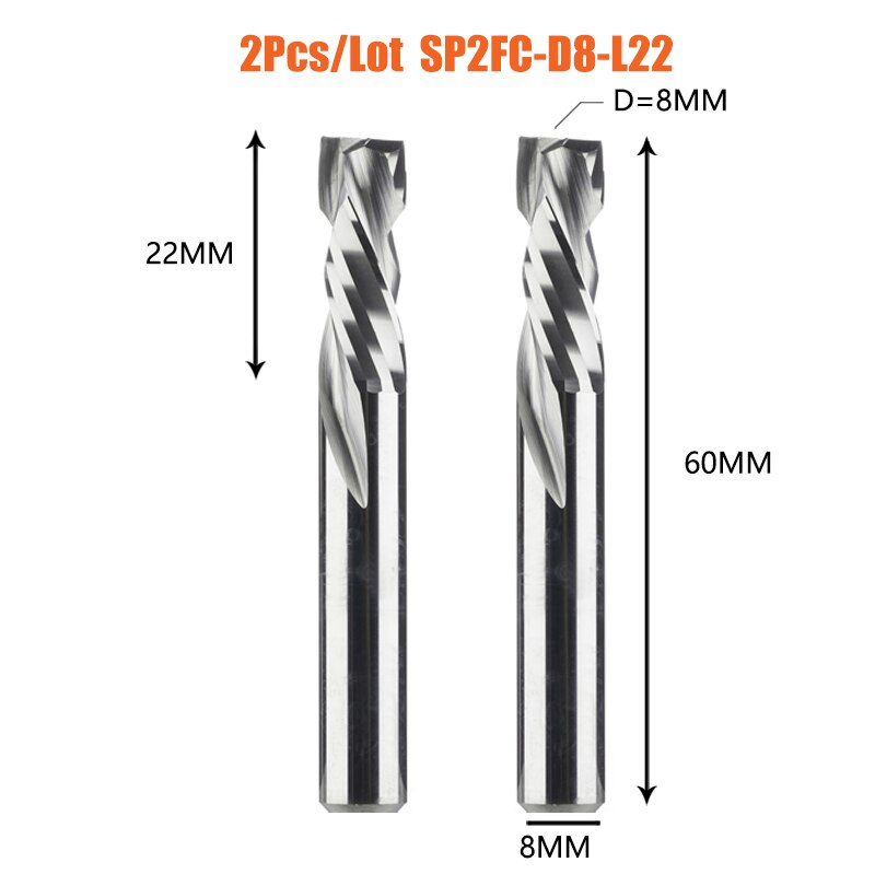 2PCS/LOT Compression Milling Cutter Woodwork UP&amp;DOWN Cut Two Flute Spiral Carbide Milling Tool CNC Router Bits Wood End Mill: 2PC-SP2FC-D8.0-L22