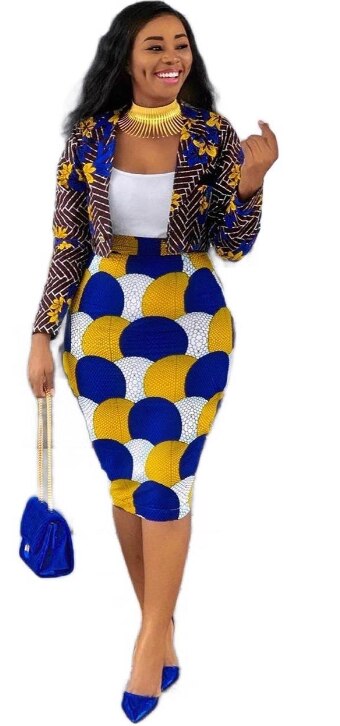 African Suit Dress Ladies Casual Suit Middle Skirt Two Commuter Skirt Printed Long Sleeve Ladies Two-piece Set: XXL