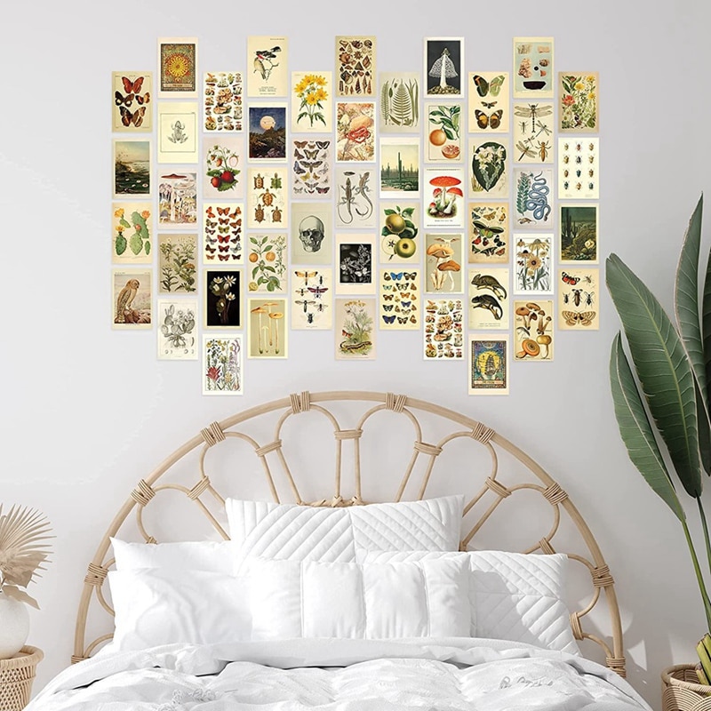 Vintage æstetisk vægcollagesæt  - 50 mini botaniske cottagecore collage kunstplakater  (4 x 6 tommer), til trendy fotovæg