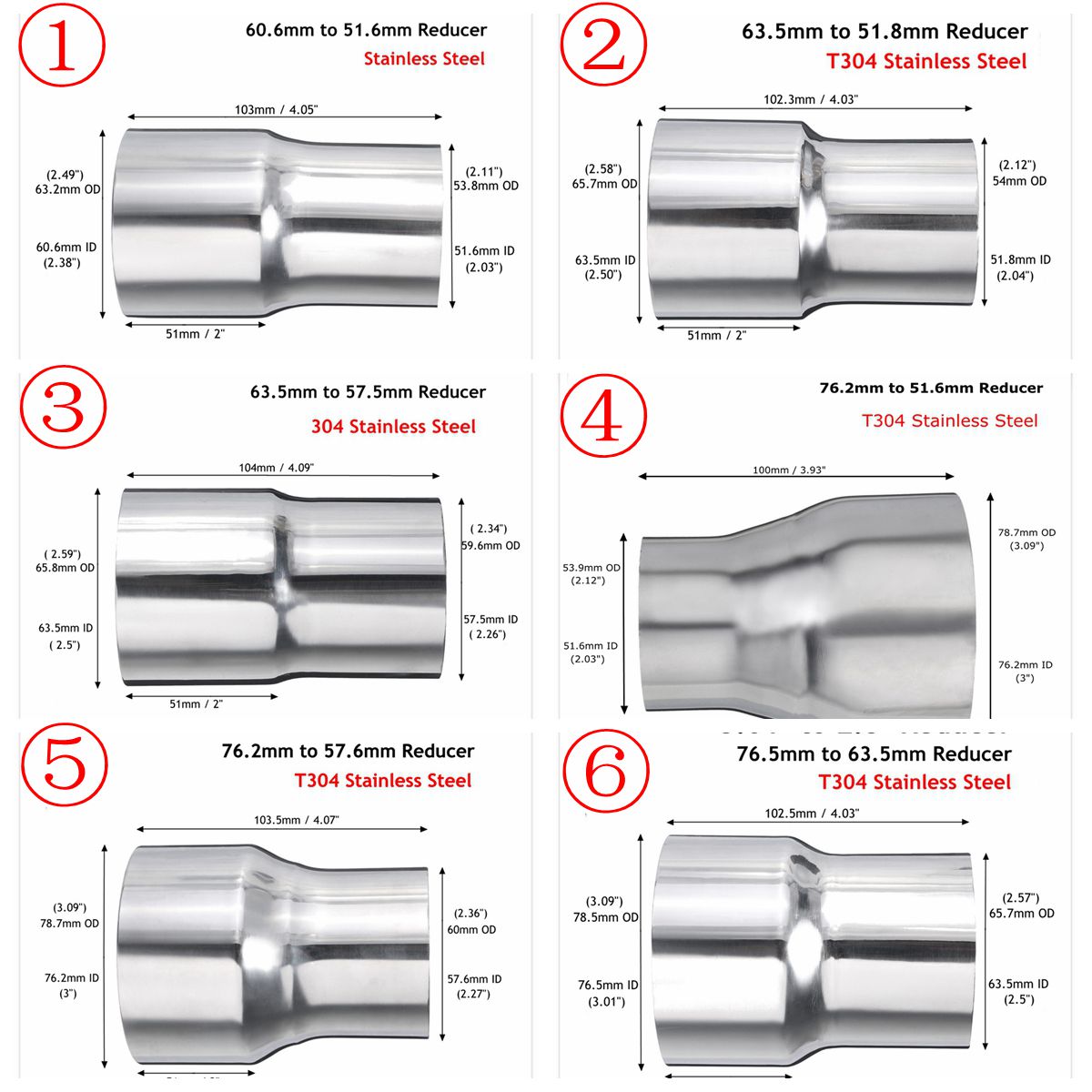 Universal bil rustfritt stål standard eksosreduksjonsadapter kontakt rørrør 76mm 63mm 60mm to 63mm 57mm 52mm 50mm 6 størrelse