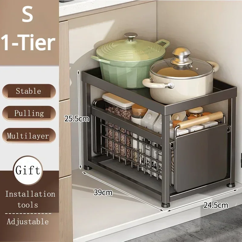 Keuken Opbergrek Schuifkast Organizer Uittrekbare Onder Gootsteen Rek Onder Gootsteen Organizer 2-Tier Badkamer Aanrecht Plank: Black