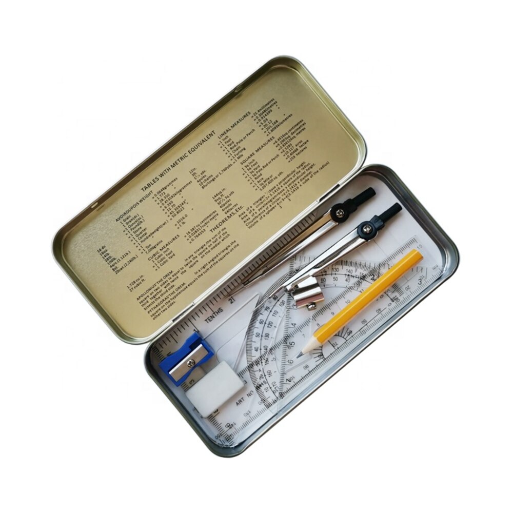 School Stationary Mathematical Math Set in Metal Box for Drafting