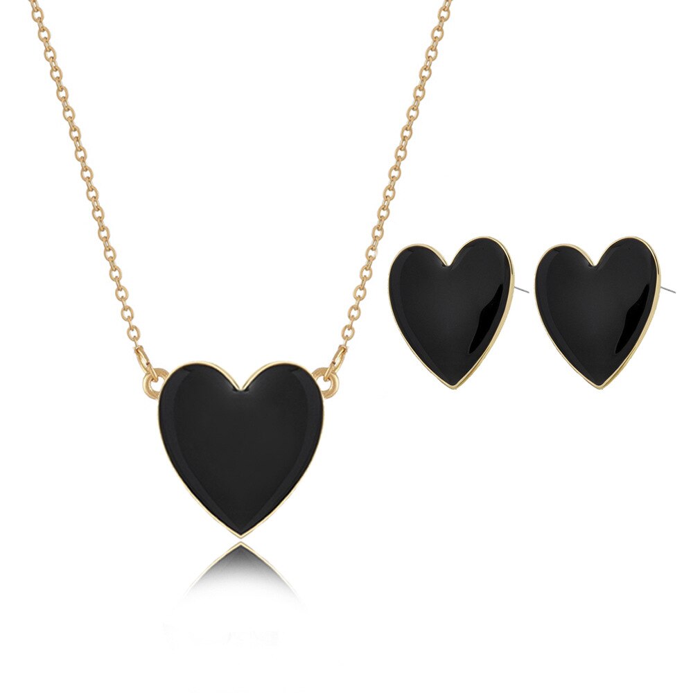 Emalje sort hjerte vedhæng halskæde øreringe sæt kvinder trendy multicolor statement smykkesæt til piger: Sort