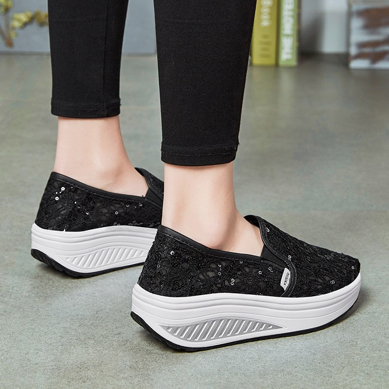 Flat Platform Toning Shoes Women Black White Ladies Sport Height Increasing Wedge Sneakers Slip on Women Fitness Sneakers