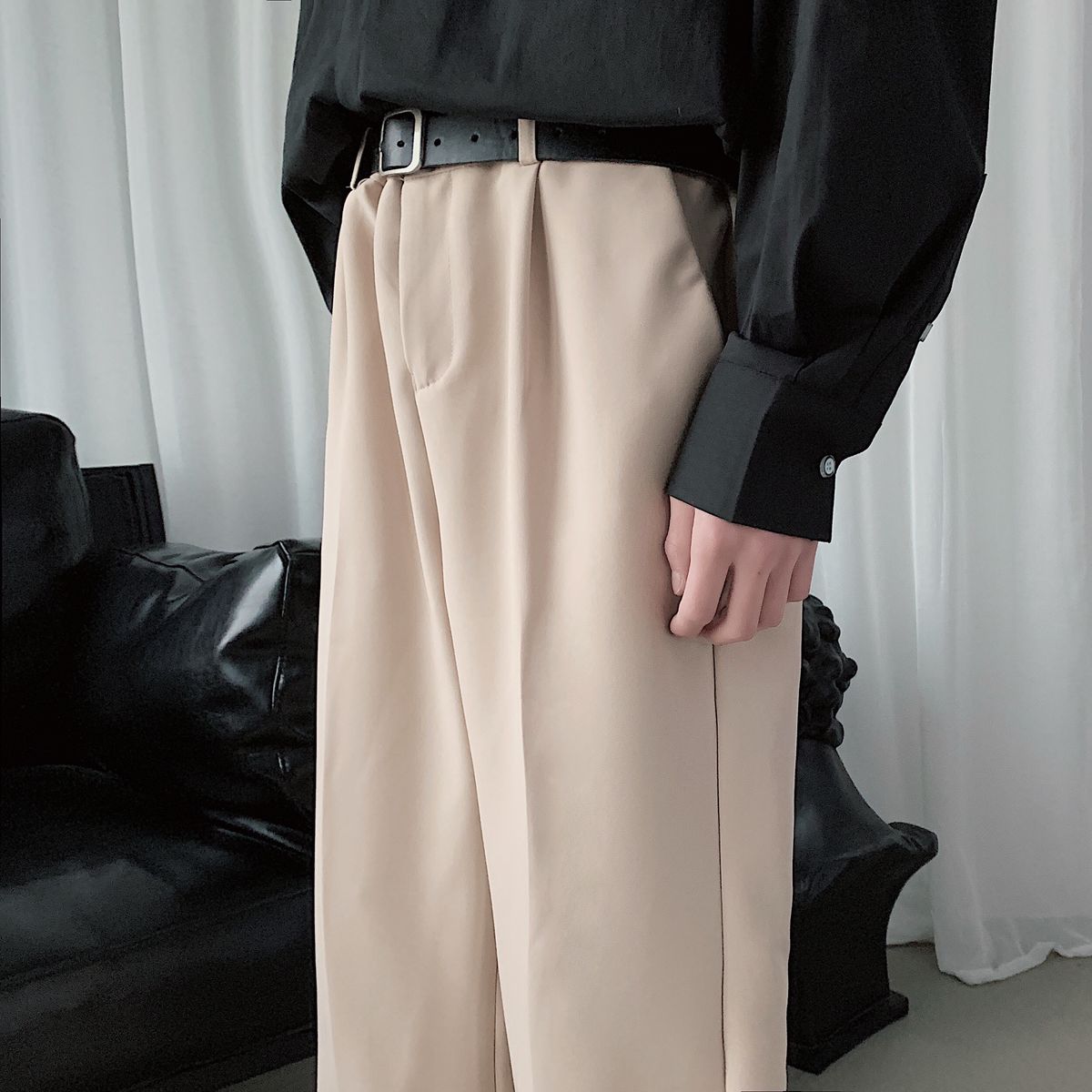 IEFB/ropa para hombre, pantalones de traje negro de color liso caseros, pantalones holgados de de otoño con bolsillos 9Y1689