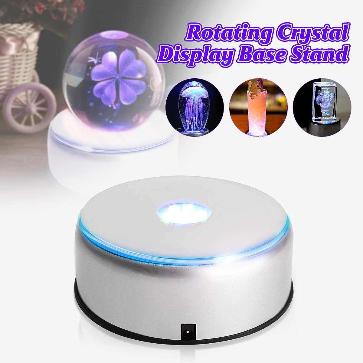 7 LED Light Colorful Luminous Base Electric Light Rotating Base Display Stand Crystal Light Base Ornament with Adapter