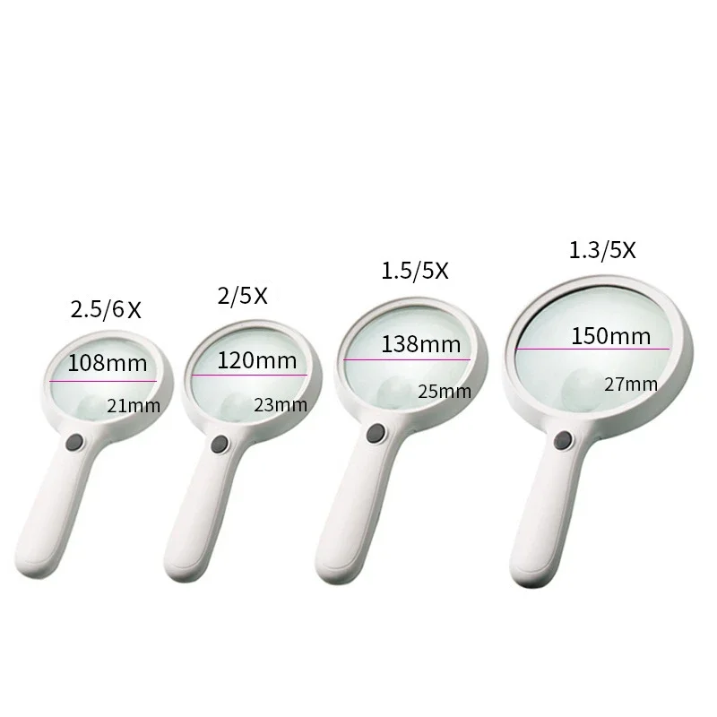 108mm 120mm 138mm 150mm Optical Lens Magnifying Glass With LED Lights Handheld Backlit Reading Magnifier Lupas