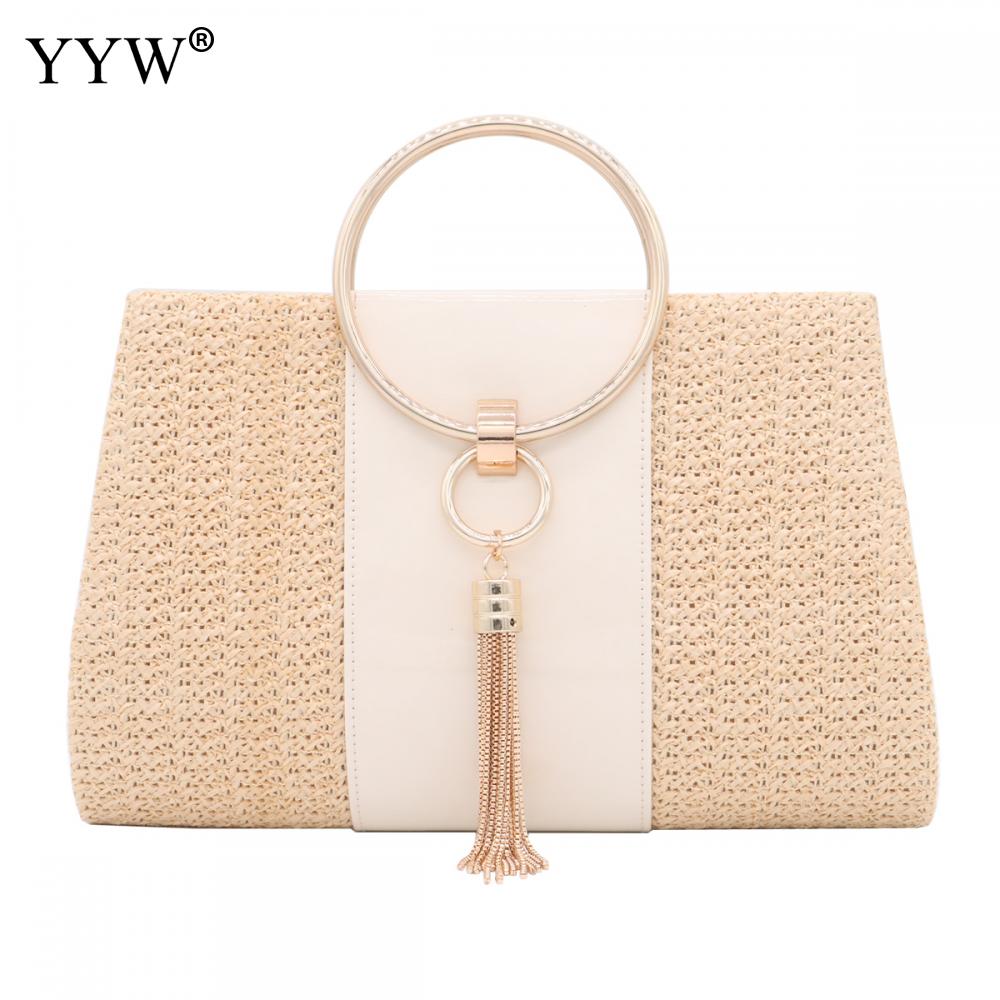 Summer Straw Women Evening Clutches Bag PU Leather Female Gold Tassel Weave Bag Ladies Envelope Purse For Party Handbags Yellow: yellow