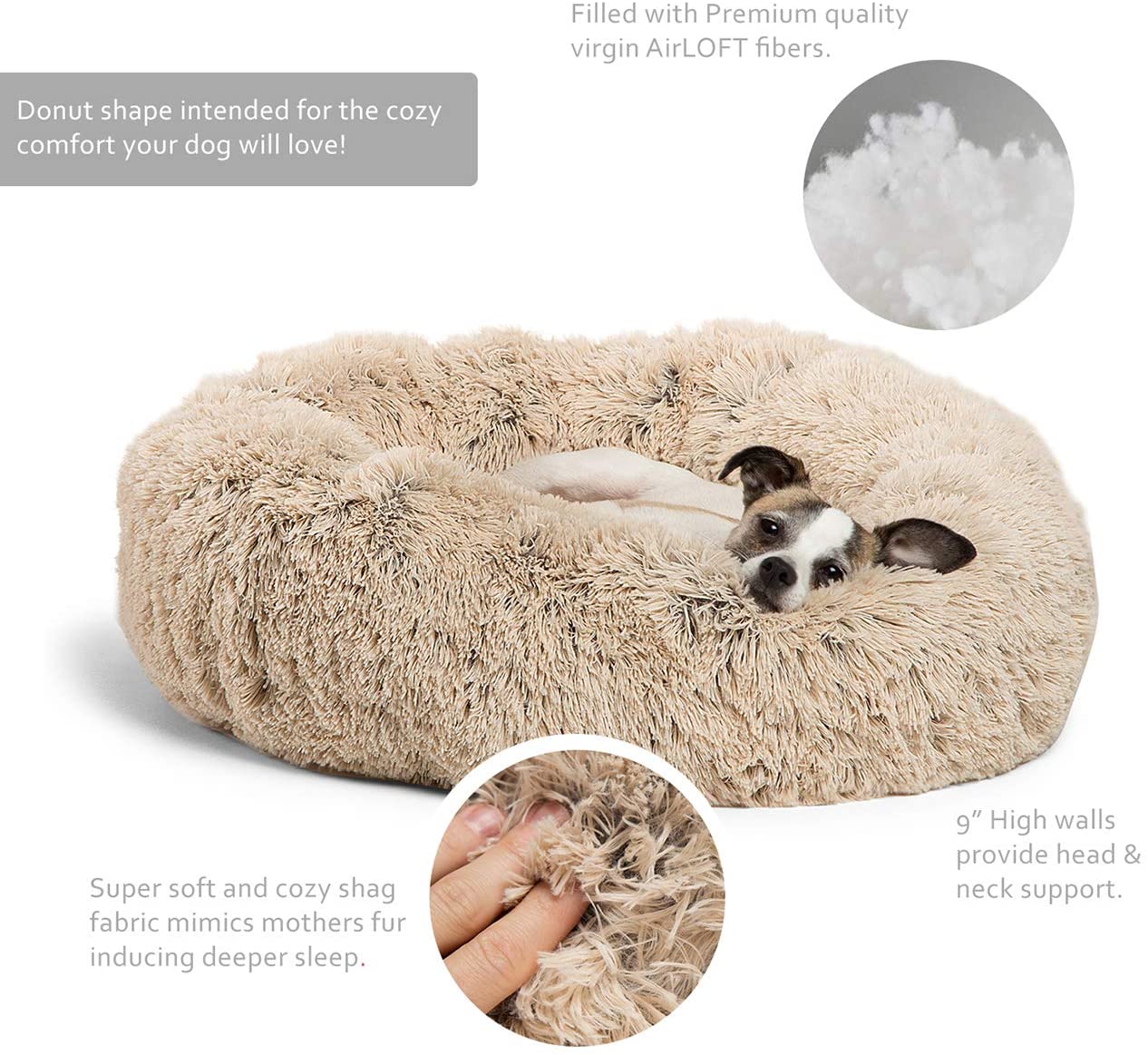 Lit Donut calmant pour chat et chien, en fourrure à poils longs, dimensions et valeur de lot pour animaux domestiques jusqu'à 150 livres, lavable en Machine
