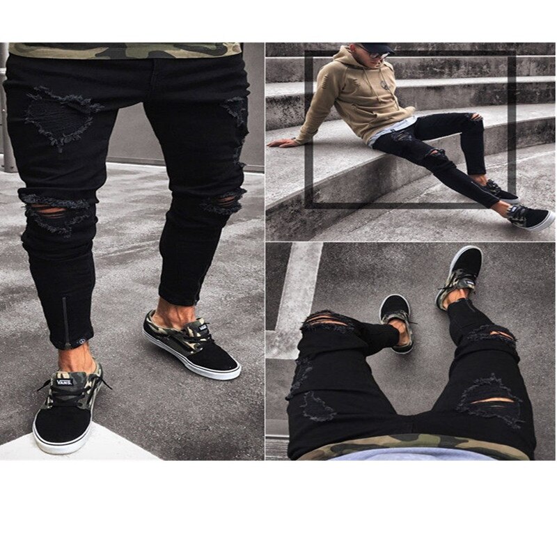 De chulo de los hombres de la elástico negro estilo ceñido inferior cremallera Jeans hombres ropa informal estilo Hip Hop rodilla agujero rasgado Jeans Biker
