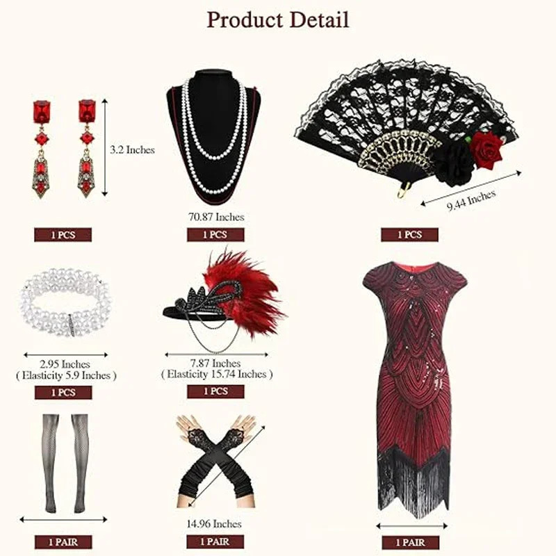 1920s Dresses for Women Flapper Dress Lace Fan Feather Headband Sequins Beads Fringes 20s Accessories Vintage Mafia Costume