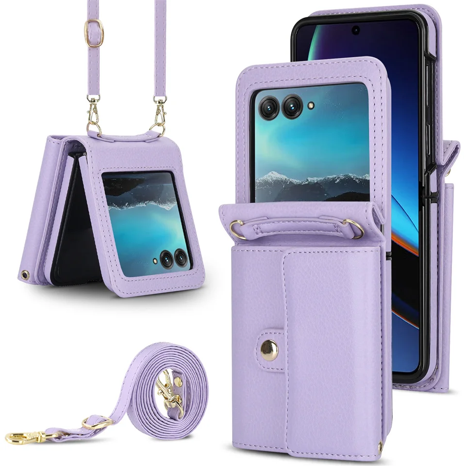 Umhängetasche aus Lanyard-Leder für Motorola Razr 40 Ultra, Moto Razr 40 Ultra, Brieftasche, Kartensteckplatz, stoßfeste Abdeckung, Handytasche: Aluminium / Licht Lila