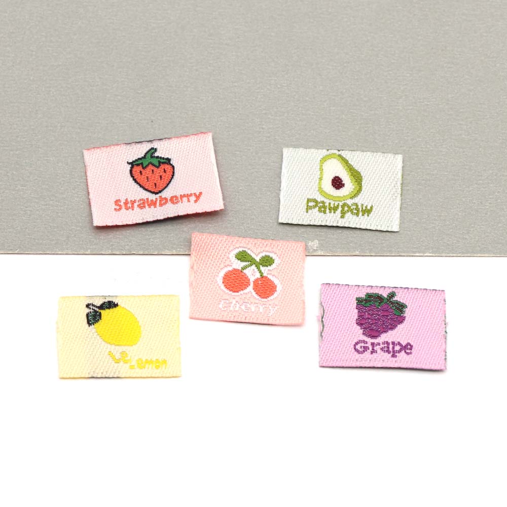 Etiquetas de frutas hechas a mano para ropa de niños, etiqueta de cereza, fresa, limón, hecha a mano, bordada, 50 piezas