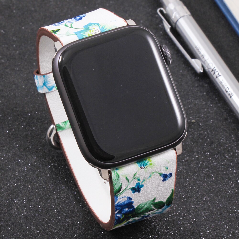 Bånd til apple watch 5 4 3 2 1 38mm/40mm/42mm/44mm, blomstret paragraf læderrem til iwatch-serien tilbehør: W4 / 38mm or 40mm