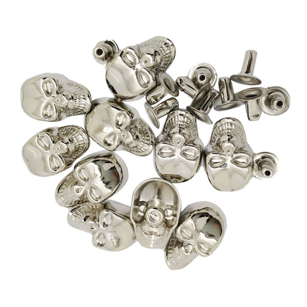 10 Sets Skull Studs Rivets Punk Rock Spikes Shoes Bags DIY Leather Craft 9x16mm: Silver