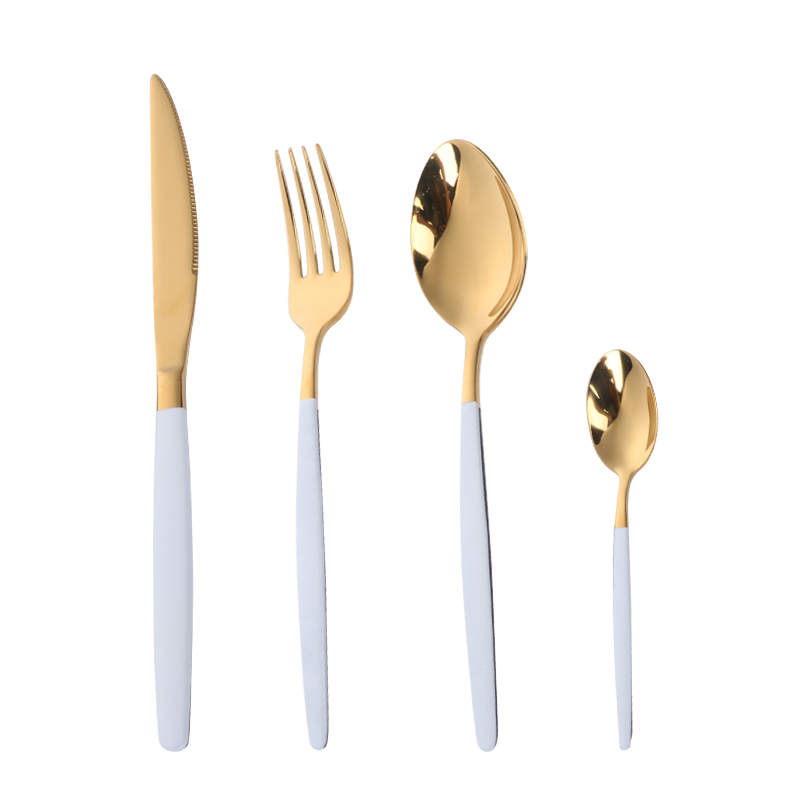 Juego de cubiertos de lujo de acero inoxidable, cuchillos, tenedores, cucharas, cubiertos de comida, mango rojo, pulido dorado, 4-24 Uds.: 4 sets (16pcs) / white gold