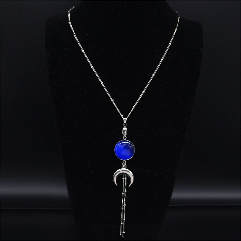 Blue Opal Rvs Verklaring Ketting Vrouwen Zilveren Kleur Hekserij Lange Kwast Maan Ketting Sieraden Colar N20312