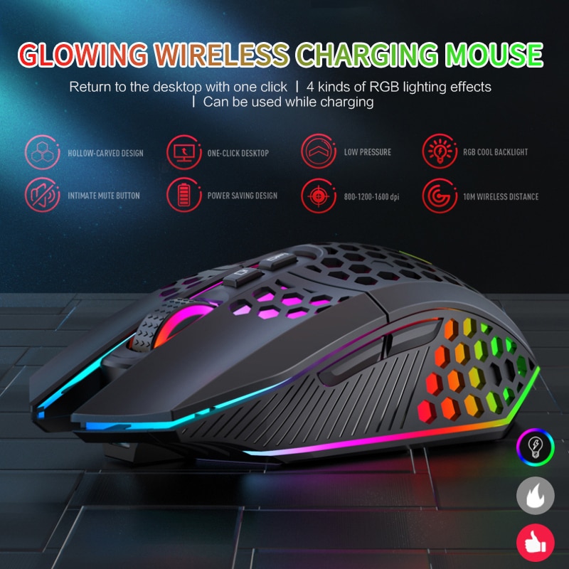 Gaming Wireless Mouse Honeycomb Hollow Ergonomic Mouse 2.4GHz Wireless USB 8 Keys 1600 DPI Mute RGB Light Mice For PC Laptop