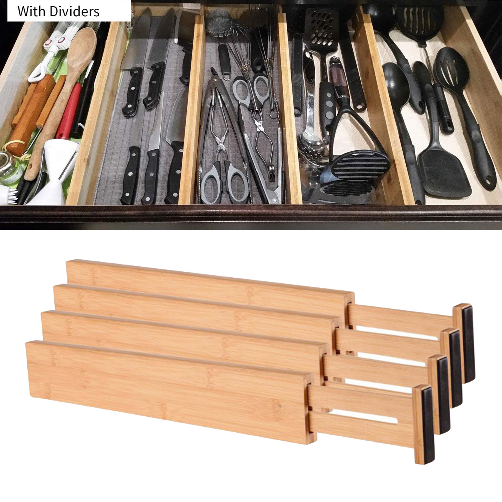 4Pack Bamboo Drawer Dividers Spring Loaded for Bedroom Bathroom Office: 43x6x1.5cm