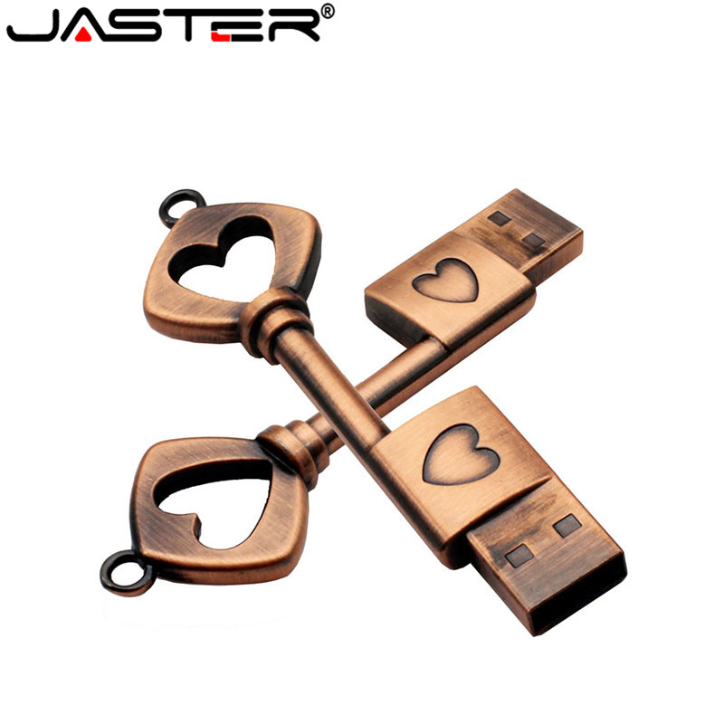 JASTER Pen Drive Metal Copper love Heart Key USB Flash Drive memory stick Key Genuine pendrive 4gb 8g 16gb 32gb 64GB Thumb drive