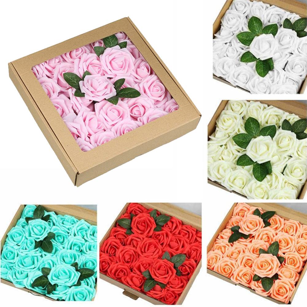 50 PCS Artificial PE Foam Rose Flower with Stem for Valentine's Day Wedding Bridal Bouquets