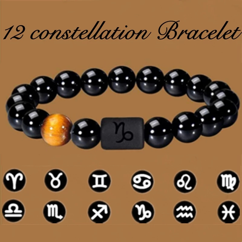 12 Constellation Zodiac Signs Beads Couples Bracelet Natural Black Onyx Stone Elastic Charm Bracelet for Women Men Birthday