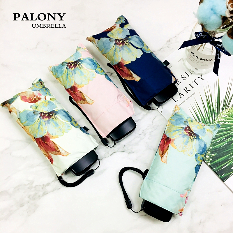 Paliony fem sammenleggbare kompakte og bærbare ultralett slanke lommer mini trykt med fasjonabelt blomstermønster utendørs reiser uv og vindbeskyttelse kvinners og fjøs solfylte og regnfulle paraply.