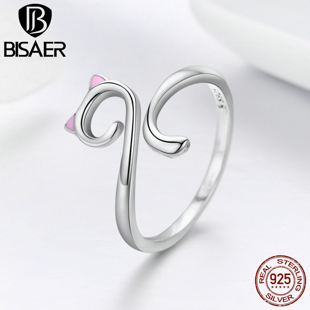 BISAER 100% 925 Sterling Silver Anel Cat Pussy Kitten Cat Tail Adjustable Finger Ring Female Sterling Silver Jewelry ECR341