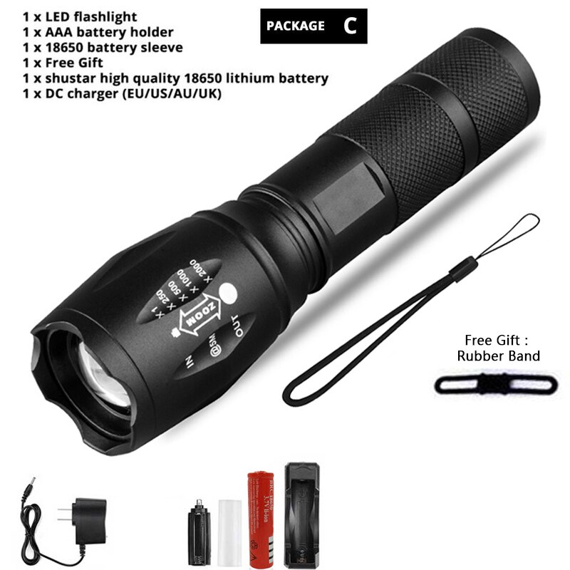 Z45 lampe de poche LED torche étanche Ultra lumineuse T6/L2/V6 zoomable 5 Modes de commutation 18650 batterie rechargeable pour le camping en plein air: Package C / T6-4000 Lumens