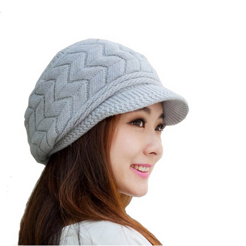 Winter Warm Knit Hat Wool Snow Ski Cap With Visor (Beige): Grey