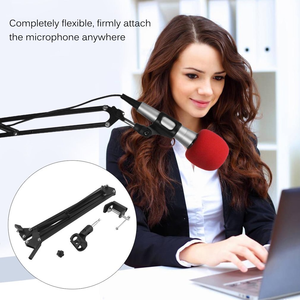 Extendable Recording Microphone Suspension Boom Arm Stand Holder with Clip Table Mounting Clamp for Studio Broadcast Black