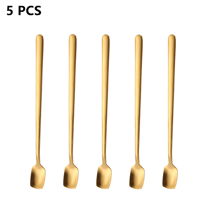 1/5PCS Square-Headed Teaspoon Long Handle Stainless Steel Coffee Stirring Spoons Dessert Ice Cream Mini Scoop Kitchen Tableware: 5PCS-gold