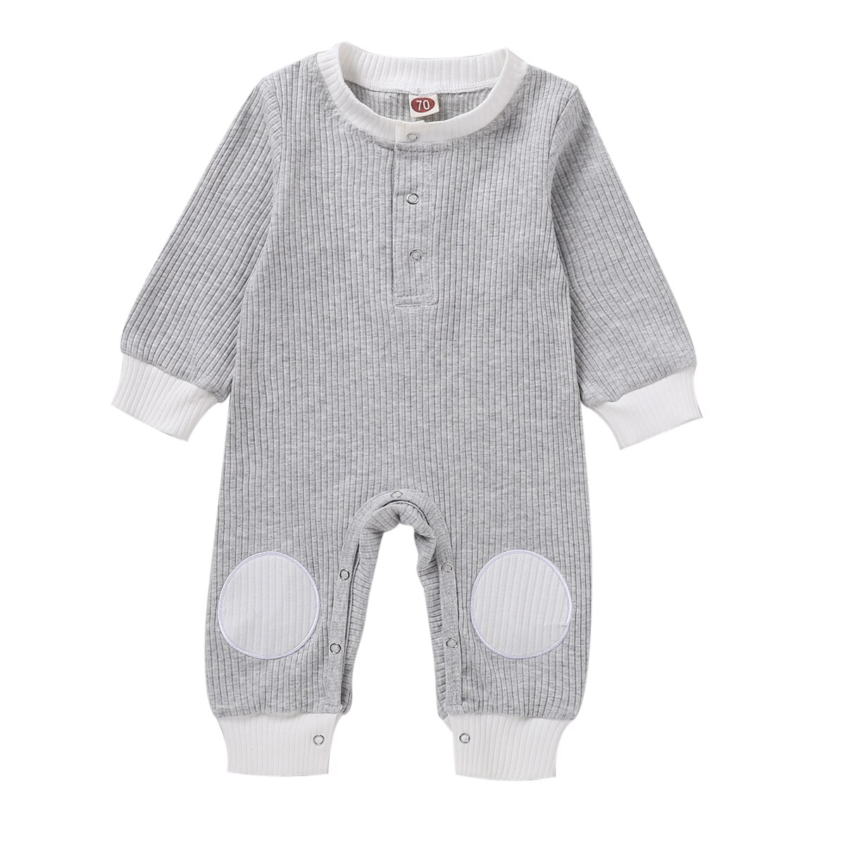 Mise au point automne bébé garçons barboteuse filles solide Patchwork manches longues bouton combinaisons 0-18M 4 couleurs: Gris / 3M