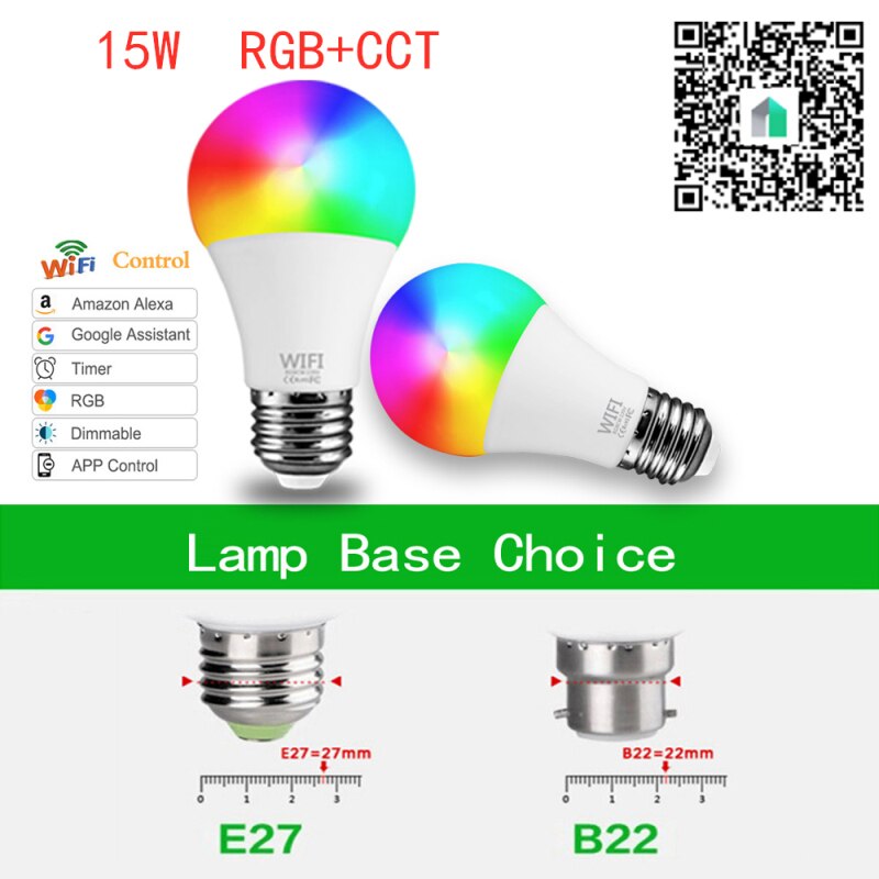 E27/B22 RGB+CCT Smart Bulb Wifi Remote App Control Light For Alexa Google Home Wake Up Smart Lamp Night Light Dimmable Color