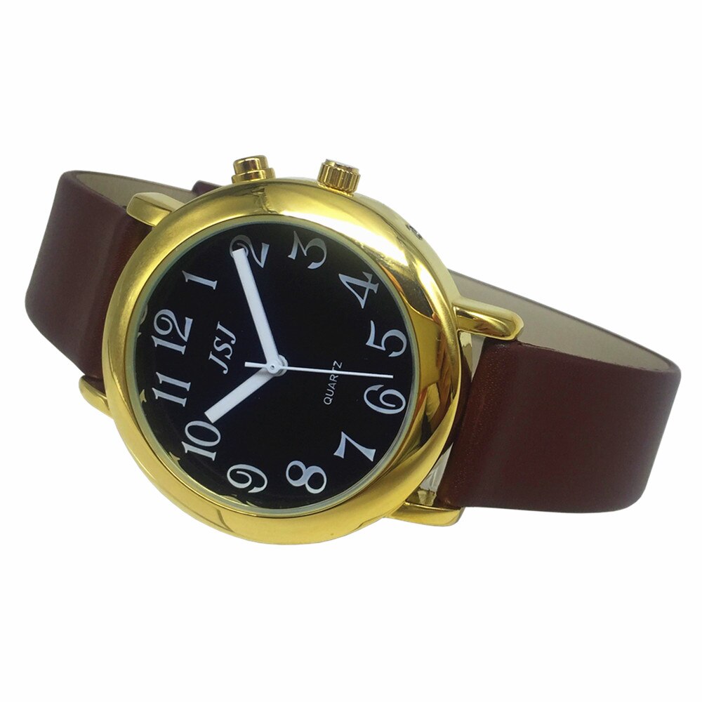 Franse Praten Horloge met Alarm Functie, Praten Datum en tijd, Zwarte Wijzerplaat, Bruine Lederen Band, golden Case TAF-606