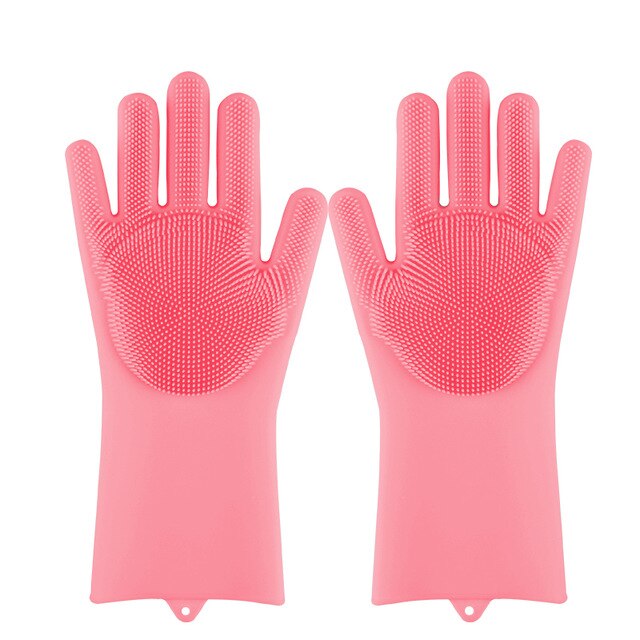 1 paire Silicone vaisselle lavage gant avec brosse de nettoyage cuisine ménage lavage gant 100% alimentaire vaisselle gants: Pink-1 pair / Thicker version