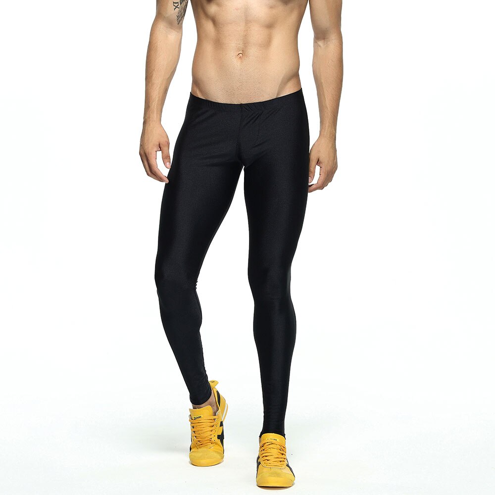 Bløde herre leggings bukser nylon herre tøj solid stram mand lange johns stretch elastiske lavtaljede bukser langt undertøj: Sort / M