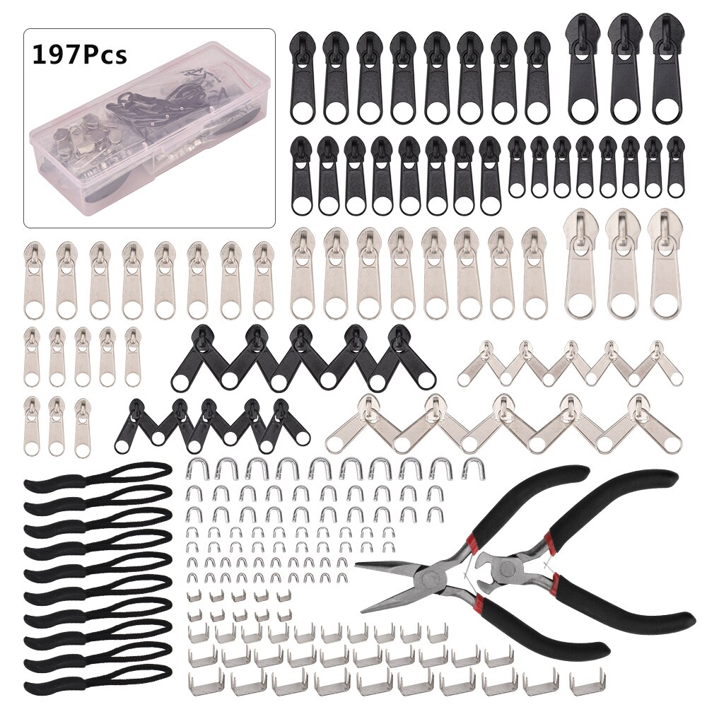 86/197pcs Metal Zipper Repair kit Bag Jacket Head Zipper Repair Kit with Storage Universal Zipper Replacement Instant Fix Slider: 197pcs