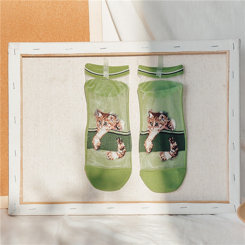 Damessokken lente cartoon katten koreaanse stijl trendy dunne zomer casual enkelsokken bedrukte vrouwelijke grappige sokken: Groente