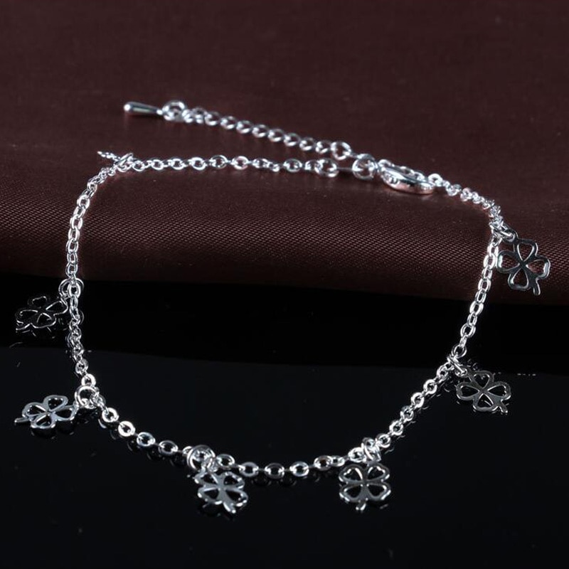 Als Warme Broodjes Mode 925 Silver Clover Enkelband Eenvoudige Temperament Dubbele Enkelband, Geschikt Voor Dames JL013