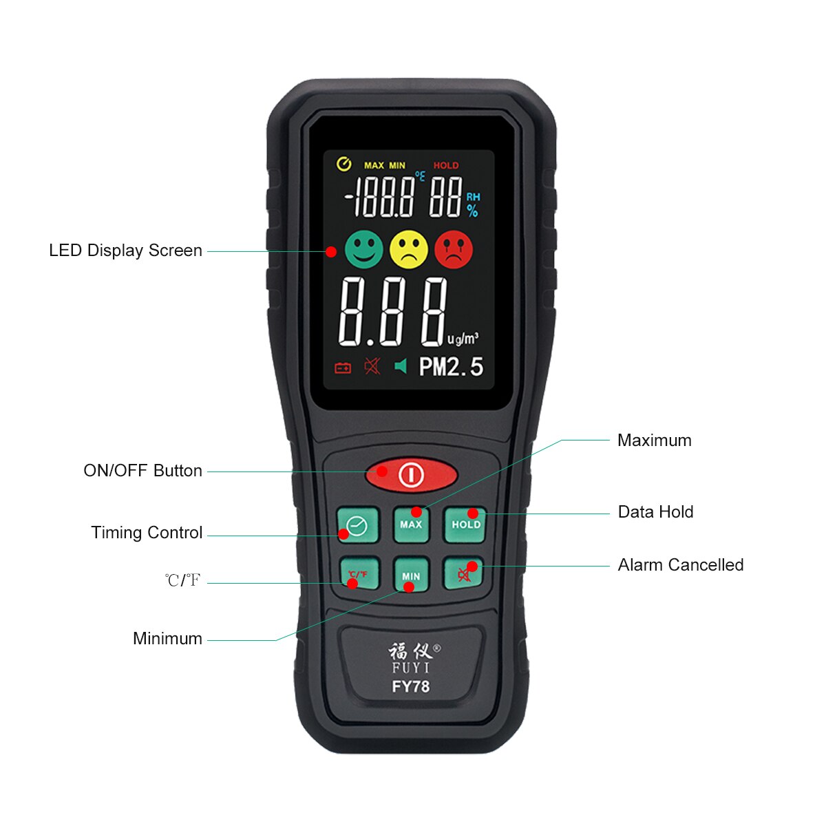 PM2.5 Temperature Humidity Air Tester Portable PM2.5 Environmental Detector Haze Particle Monitor Black FY78