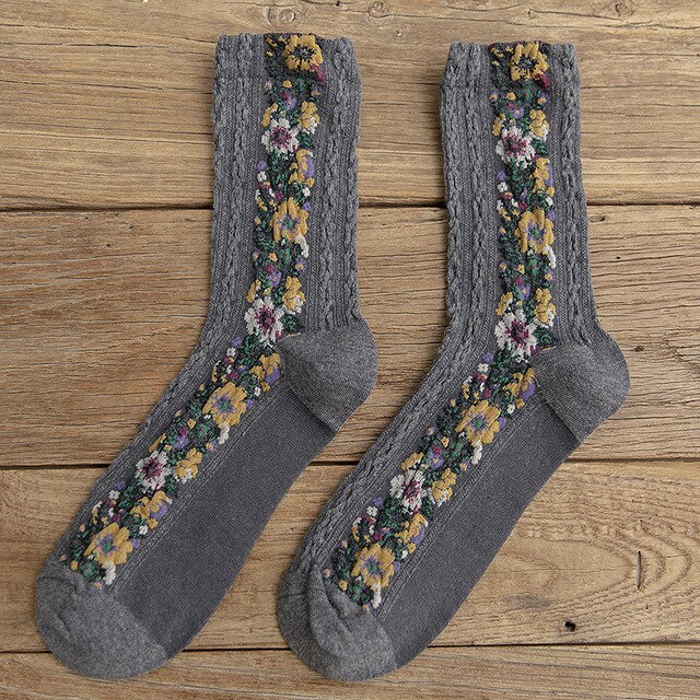 1 Paar Herfst En Winter Linnen Patroon Katoen Vrouwen Sokken Retro Kleine Bloemen Jacquard Mode Buis Sokken: Grey