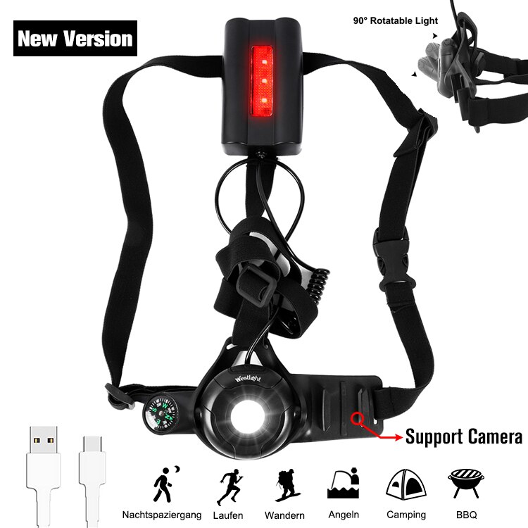 WEST BIKING-luz frontal de pecho para correr, lámpara de advertencia de 2200mAh con carga USB, para ciclismo, pesca, senderismo y Camping: 264 Black