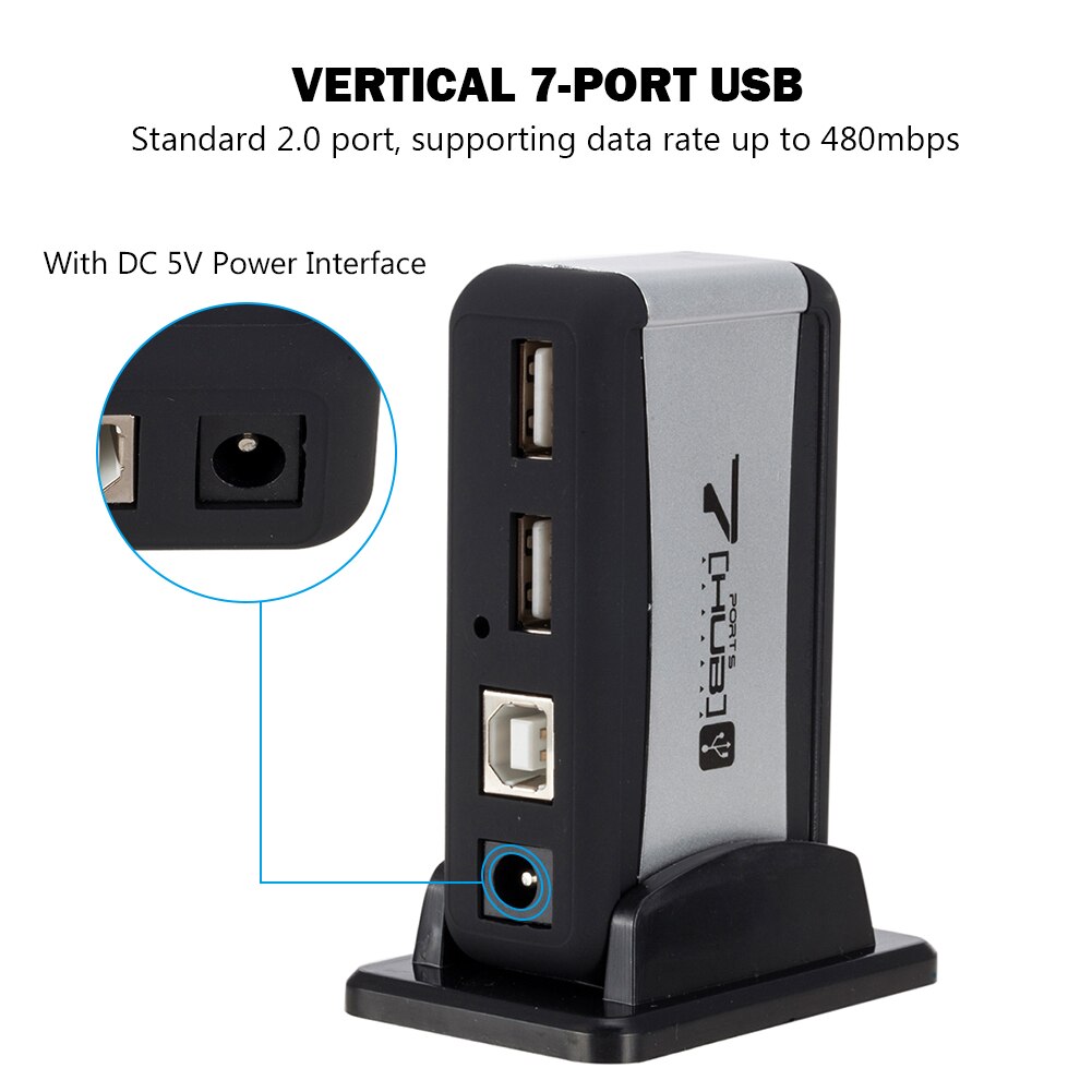 Verticale usb-hub met meerdere 7- poorts usb 2.0- splitters en stroomadapter, 480 mbps usb 2.0- hub voor pc, computeraccessoires, eu/us-stekker