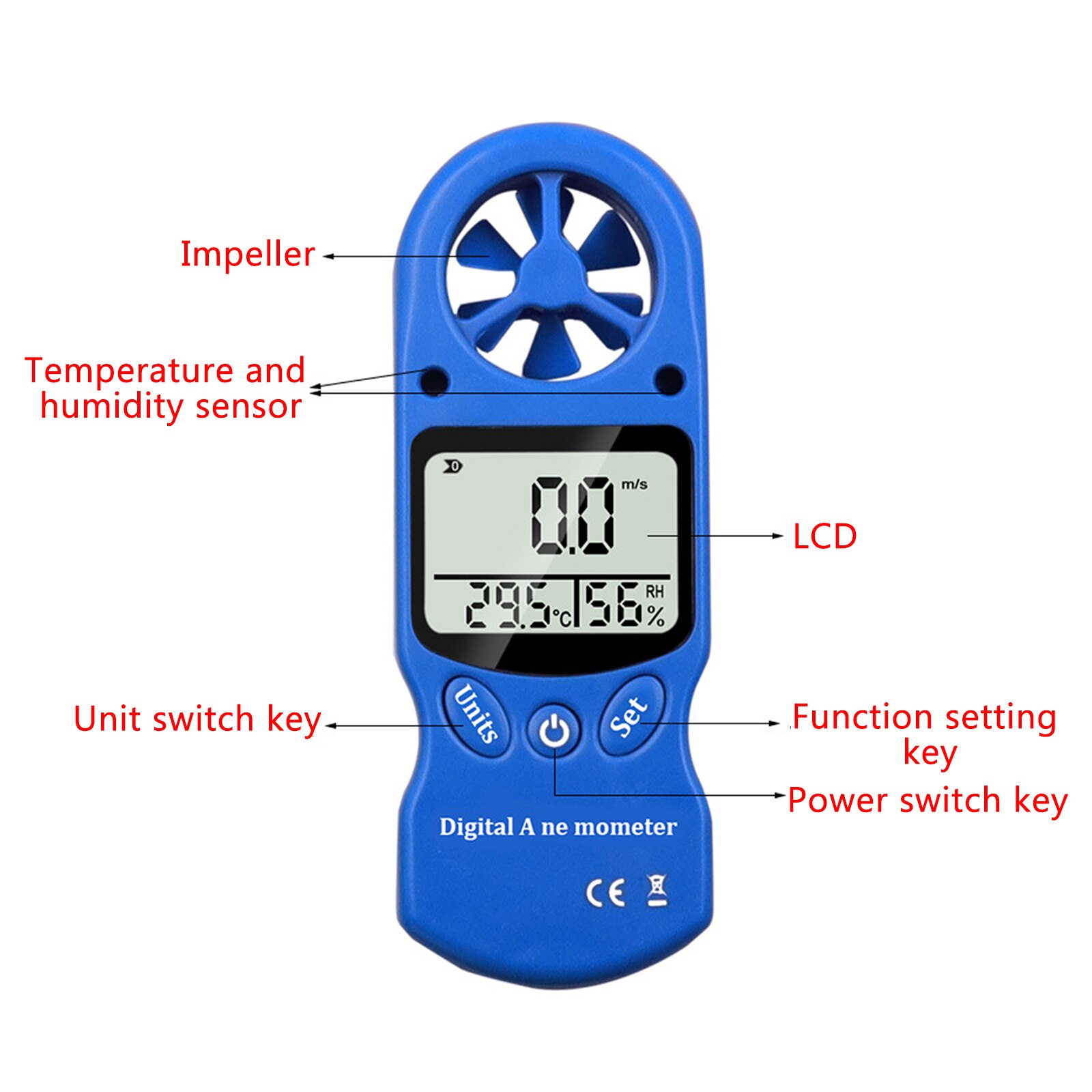 Anemómetro Digital de mano con pantalla LCD, medidor de velocidad del viento, higrómetro, termómetro, medidor de velocidad del flujo de aire, probador de temperatura