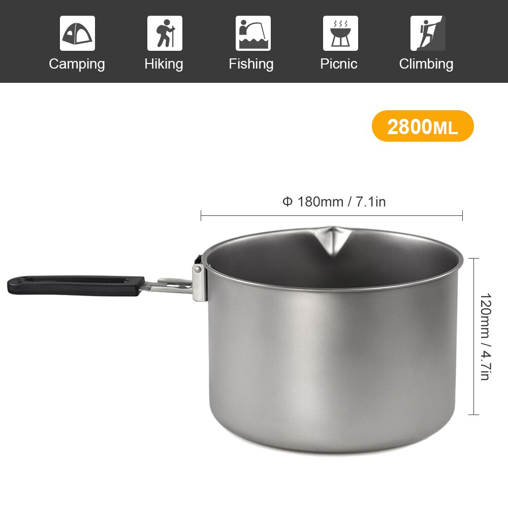 Titanium Pot 2000ml/2800ml Camping Titanium Pot with Foldable Handle Cooker Outdoor Camping Hiking Backpacking Cooking Soup Pot