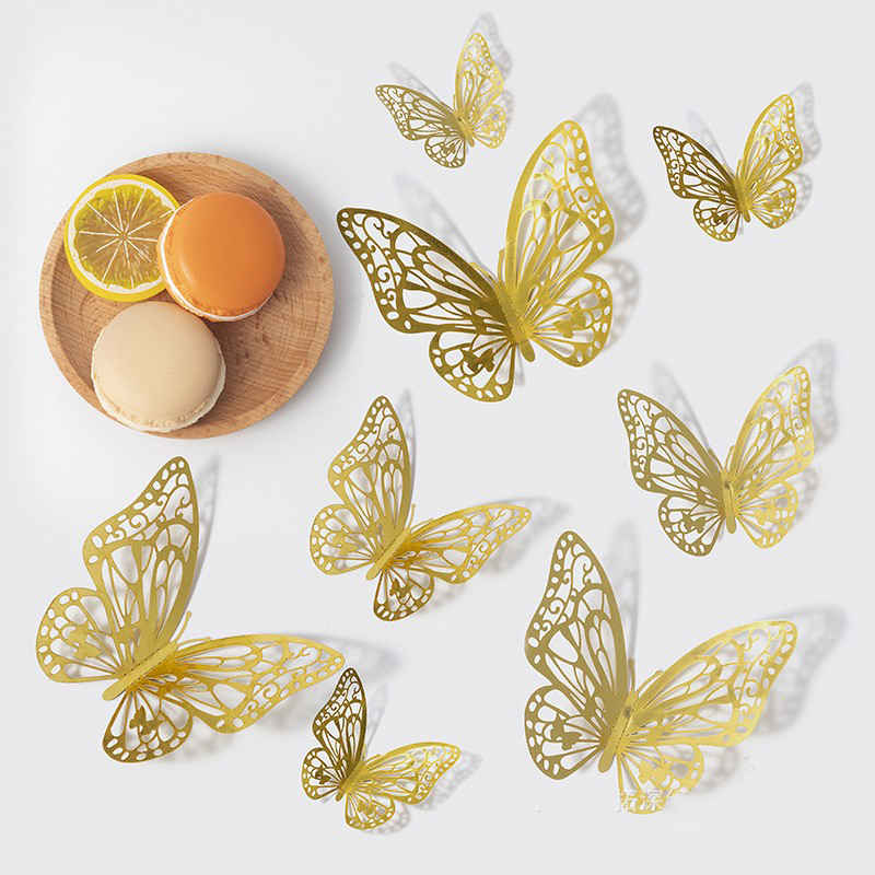 48 piezas de decoración de pared de mariposa 3D, 4 estilos, 3 tamaños, decoraciones de mariposas doradas para decoraciones de habitación de pastel de de cumpleaños de mariposa: Amarillo claro